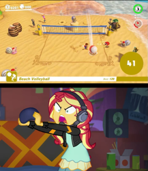 Size: 473x546 | Tagged: safe, edit, screencap, sunset shimmer, better together, equestria girls, game stream, cappy (mario), cropped, mario, meme, psycho gamer sunset, sports, sunset shimmer frustrated at game, super mario bros., super mario odyssey, volleyball