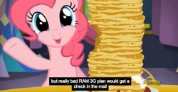 Size: 1600x830 | Tagged: safe, screencap, pinkie pie, earth pony, pony, castle sweet castle, meme, pancakes, youtube caption