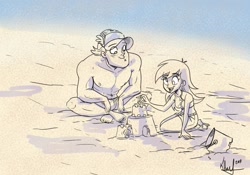 Size: 1600x1117 | Tagged: safe, artist:katrina hadley, artist:lunchie, bulk biceps, derpy hooves, better together, equestria girls, bucket, cap, clothes, crossed legs, cute, derpybulk, female, hat, male, monochrome, official fan art, sandcastle, seashell, shorts, sitting, smiling