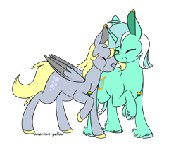 Size: 750x650 | Tagged: safe, artist:lesbian-sunshim, artist:selective-yellow, derpy hooves, ditzy doo, lyra heartstrings, pegasus, pony, unicorn, female, lesbian, lyraderp, nuzzling, shipping, simple background, transparent background, unshorn fetlocks, wings