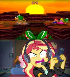 Size: 1920x2104 | Tagged: safe, edit, screencap, fluttershy, sunset shimmer, better together, equestria girls, game stream, bowser, luigi, mario, mario party, princess peach, psycho gamer sunset, rage, sunset gamer, sunset shimmer frustrated at game, super mario bros., this will end in a broken tv, this will end in tears, yoshi