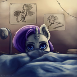 Size: 1000x1000 | Tagged: safe, artist:kira-minami, rarity, pony, unicorn, bed, bedroom, behaving like a cat, blanket, cute, looking at you, nightmare fuel, not creepy, peeking, raribetes, she knows, solo, soon, stare, uncanny valley