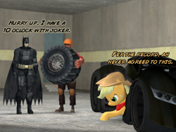 Size: 1024x768 | Tagged: safe, artist:php74, applejack, earth pony, human, pony, 3d, batman, batmobile, crossover, engineer, female, gmod, male, mare, pun, red engineer, team fortress 2