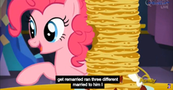 Size: 1600x830 | Tagged: safe, screencap, pinkie pie, earth pony, pony, castle sweet castle, meme, pancakes, youtube caption