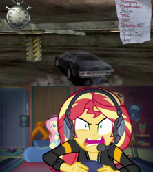 Size: 600x676 | Tagged: safe, edit, edited screencap, screencap, fluttershy, sunset shimmer, better together, equestria girls, game stream, car, driver, driver (video game), john tanner, meme, psycho gamer sunset, sunset shimmer frustrated at game