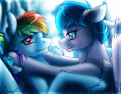 Size: 900x700 | Tagged: safe, artist:inuhoshi-to-darkpen, derpibooru import, firefly, rainbow dash, pegasus, pony, comic:dash academy, g1, g4, dashfly, female, g1 to g4, generation leap, lesbian, looking at each other, mare, shipping, unshorn fetlocks