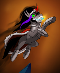 Size: 889x1093 | Tagged: safe, artist:mickeymonster, derpibooru import, king sombra, pony, unicorn, alternate ending, bad end, crystal heart, leaping, male, mouth hold, red background, simple background, solo, stallion, the bad guy wins