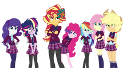 Size: 1280x700 | Tagged: safe, artist:bezziie, applejack, fluttershy, pinkie pie, rainbow dash, rarity, sunset shimmer, twilight sparkle, equestria girls, alternate hairstyle, clothes, crystal prep academy uniform, glasses, humane five, humane seven, humane six, school uniform, simple background, transparent background