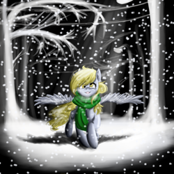 Size: 1000x1000 | Tagged: safe, artist:kira-minami, derpy hooves, pegasus, pony, clothes, female, forest, mare, scarf, smiling, snow, snowfall, solo, spread wings, tree, wings