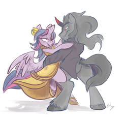 Size: 1280x1216 | Tagged: safe, artist:bluntwhiskey, derpibooru import, king sombra, twilight sparkle, twilight sparkle (alicorn), alicorn, pony, bipedal, clothes, dancing, dress, female, male, mare, shipping, straight, twibra