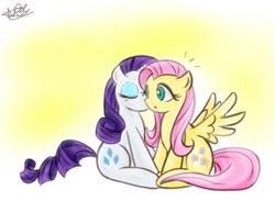 Size: 420x308 | Tagged: safe, artist:vvw84, fluttershy, rarity, pegasus, pony, unicorn, female, flarity, kissing, lesbian, shipping, wingboner