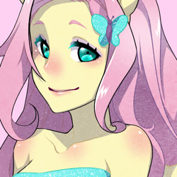 Size: 500x500 | Tagged: safe, artist:yuuabyss, fluttershy, equestria girls, bare shoulder portrait, bare shoulders, bust, fall formal outfits, looking at you, portrait, preview, sleeveless, solo, strapless, wip