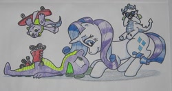 Size: 753x397 | Tagged: safe, artist:hillbe, rarity, spike, oc, dracony, dragon, hybrid, pony, unicorn, interspecies offspring, male, newbie artist training grounds, offspring, parent:rarity, parent:spike, parents:sparity, roller skates, shipping, skateboard, sparity, straight, sunglasses, traditional art