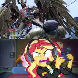 Size: 1280x1280 | Tagged: safe, edit, screencap, fluttershy, sunset shimmer, better together, equestria girls, game stream, angry, god of war, kratos, meme, psycho gamer sunset, rage, rageset shimmer, sigrun, sunset gamer, sunset shimmer frustrated at game, valkyrie