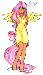 Size: 703x1200 | Tagged: safe, artist:aphexangel, artist:pony-darksun, fluttershy, human, barefoot, blushing, clothes, colored, dress, feet, humanized, looking at you, nail polish, smiling, solo, tailed humanization, winged humanization