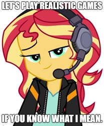 Size: 500x603 | Tagged: safe, artist:keronianniroro, edit, sunset shimmer, better together, equestria girls, game stream, caption, clothes, female, headset, image macro, impact font, jacket, leather jacket, looking at you, meme, simple background, smug, smugset shimmer, solo, sunset gamer, text