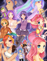 Size: 900x1157 | Tagged: safe, artist:oceanchan, angel bunny, apple bloom, applejack, derpy hooves, dj pon-3, fluttershy, octavia melody, pinkie pie, princess celestia, princess luna, rainbow dash, rarity, scootaloo, spike, sweetie belle, twilight sparkle, vinyl scratch, human, rabbit, animal, female, humanized, mane six, obtrusive watermark, poster, signature, watermark, winged humanization, wings, wrong eye color