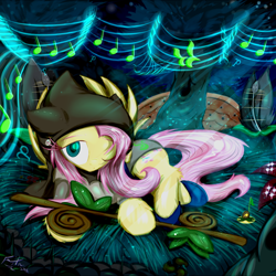 Size: 1168x1168 | Tagged: safe, artist:frist44, fluttershy, crossover, forest, god tier, hero of life, homestuck, music, page of life, plant, ponystuck, staff, story included