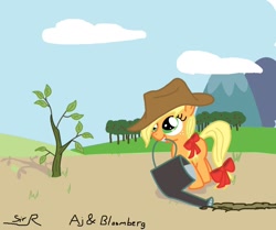 Size: 1000x835 | Tagged: safe, artist:sirradical, applejack, bloomberg, earth pony, pony, bow, cute, filly, hat, jackabetes, mouth hold, solo, tree, watering can, younger