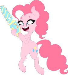 Size: 1544x1713 | Tagged: safe, artist:candy-vanity, pinkie pie, pony, bipedal, chainsaw, prancing, simple background, solo, transparent background