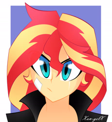 Size: 1776x1932 | Tagged: safe, artist:xan-gelx, sunset shimmer, equestria girls, abstract background, bust, clothes, female, human coloration, portrait, quickie, scar, signature, solo