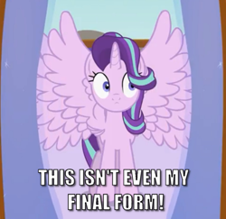 Size: 892x867 | Tagged: safe, artist:forgalorga, starlight glimmer, alicorn, pony, seraph, seraphicorn, alicornified, caption, female, image macro, larsoncorn, mare, meme, multiple wings, race swap, spread wings, starlicorn, text, this isn't even my final form, wings, xk-class end-of-the-world scenario