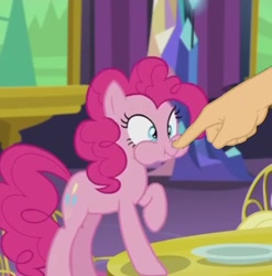 Size: 670x677 | Tagged: safe, edit, screencap, pinkie pie, earth pony, pony, castle sweet castle, boop, boop edit, cute, diapinkes, finger, hand, puffy cheeks