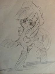 Size: 768x1024 | Tagged: safe, artist:wonton soup, applejack, earth pony, pony, fireproof boots, grayscale, monochrome