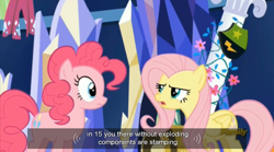 Size: 854x474 | Tagged: safe, screencap, fluttershy, pinkie pie, earth pony, pegasus, pony, castle sweet castle, meme, youtube caption