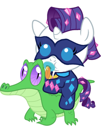 Size: 886x1017 | Tagged: safe, artist:red4567, gummy, radiance, rarity, pony, unicorn, power ponies (episode), babity, baby, baby pony, cute, pacifier, ponies riding gators, power ponies, raribetes, riding, weapons-grade cute