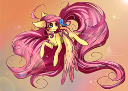 Size: 1024x724 | Tagged: safe, artist:wilvarin-liadon, fluttershy, butterfly, pegasus, pony, flying, looking at something, solo, spread wings