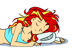 Size: 2462x1713 | Tagged: safe, artist:gsphere, sunset shimmer, equestria girls, bed hair, breasts, cleavage, clothes, cute, eyes closed, female, human coloration, messy hair, midriff, pillow, shimmerbetes, simple background, sleeping, solo, tanktop, white background