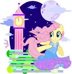 Size: 4640x4737 | Tagged: safe, artist:meganlovesangrybirds, fluttershy, pegasus, pony, absurd resolution, cinderella, cindershy, clock tower, clothes, disney, dress, moon, simple background, solo, transparent background, vector