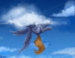 Size: 1280x990 | Tagged: safe, artist:allforyouart, derpy hooves, pony, atg 2019, cloud, head in the clouds, newbie artist training grounds, signature, sky, solo