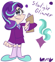 Size: 713x800 | Tagged: safe, artist:mirabuncupcakes15, starlight glimmer, human, the last problem, clipboard, clothes, female, flats, humanized, necktie, older, older starlight glimmer, shirt, shoes, simple background, skirt, socks, solo, stockings, suit, thigh highs, white background