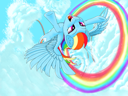 Size: 4000x3000 | Tagged: safe, artist:apuljack, derpibooru import, rainbow dash, pegasus, pony, cloud, ear fluff, flying, rainbow trail, solo