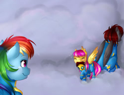 Size: 1279x984 | Tagged: safe, artist:chiweee, derpibooru import, rainbow dash, oc, oc:little star, oc:squall, pegasus, pony, fanfic:piercing the heavens, fanfic art, wonderbolts uniform