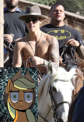 Size: 460x669 | Tagged: safe, artist:andypriceart, applejack, human, fedora, hat, irl, irl horse, irl human, justin bieber, photo, thousand yard stare