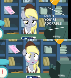 Size: 744x816 | Tagged: safe, edit, edited screencap, screencap, derpy hooves, pony, between dark and dawn, :o, blushing, captain obvious, cute, derpabetes, open mouth, post office, truth