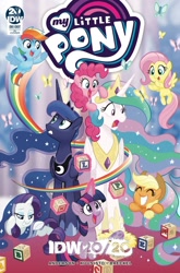 Size: 1000x1517 | Tagged: safe, artist:tonyfleecs, derpibooru import, idw, applejack, fluttershy, pinkie pie, princess celestia, princess luna, rainbow dash, rarity, twilight sparkle, twilight sparkle (alicorn), alicorn, butterfly, earth pony, pegasus, pony, unicorn, spoiler:comic, spoiler:comicidw2020, cover, ethereal mane, female, filly, filly applejack, filly fluttershy, filly pinkie pie, filly rainbow dash, filly rarity, filly twilight sparkle, foal, mane six, mare, maternaluna, momlestia, nursery, rainbow trail, royal sisters, speed trail, starry mane, wrong eye color, younger