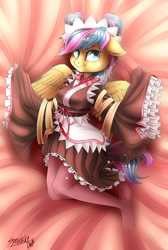 Size: 3500x5200 | Tagged: safe, artist:sparklyon3, oc, anthro, pegasus, plantigrade anthro, anthro oc, clothes, commission, dress, kimono minidress, missing shoes, rcf community, socks, solo, stockings, suit, thigh highs, wa-loli, ych result