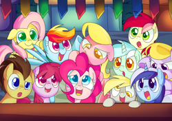 Size: 2000x1409 | Tagged: safe, artist:andromedasparkz, berry punch, berryshine, cloud kicker, derpy hooves, doctor whooves, fluttershy, lily, lily valley, lyra heartstrings, pinkie pie, rainbow dash, roseluck, earth pony, pegasus, pony, unicorn, female, festival, male, mare, newbie artist training grounds, stallion