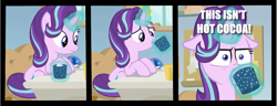 Size: 1161x445 | Tagged: safe, edit, edited screencap, screencap, starlight glimmer, pony, unicorn, marks for effort, caption, chocolate, drinking, floppy ears, food, hot chocolate, image macro, text