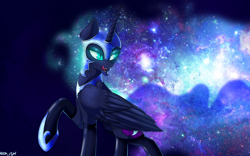 Size: 1920x1200 | Tagged: safe, artist:kirasunnight, nightmare moon, alicorn, pony, clothes, ethereal mane, female, galaxy mane, licking, licking lips, mare, solo, stars, stockings, thigh highs, tongue out, wallpaper