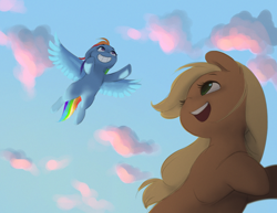 Size: 2592x1998 | Tagged: safe, artist:katputze, derpibooru import, applejack, rainbow dash, earth pony, pegasus, pony, cloud, duo, female, flying, mare, sky, smiling