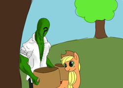 Size: 700x500 | Tagged: safe, applejack, oc, oc:anon, earth pony, human, pony, female, mare