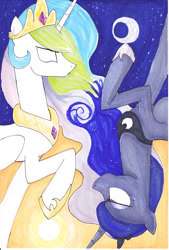 Size: 1024x1518 | Tagged: safe, artist:ihaveaninkling, princess celestia, princess luna, alicorn, pony, glowing eyes, raised hoof, traditional art, yin-yang