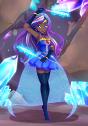 Size: 1000x1419 | Tagged: safe, artist:kelsea-chan, rarity, human, armpits, chocolarity, dark skin, eyeshadow, humanized, lipstick, magic, makeup, rainbow power, rainbow power-ified, solo