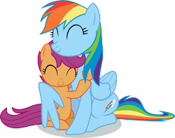 Size: 7009x5519 | Tagged: safe, artist:exe2001, derpibooru import, rainbow dash, scootaloo, pegasus, pony, absurd resolution, best pony, heartwarming, hug, scootalove, simple background, transparent background, vector