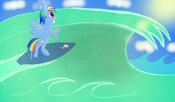 Size: 1280x750 | Tagged: safe, artist:zztfox, derpibooru import, rainbow dash, pegasus, pony, ocean, solo, surfboard, surfing, water, wave